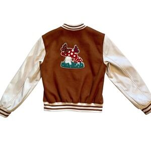 Ashley Outerwear Embroidered‎ Varsity Jacket Mushrooms Brown Medium Boho Hippie